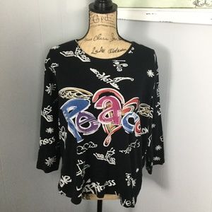 Chico's 3 Black Peace Graphic Top. EUC